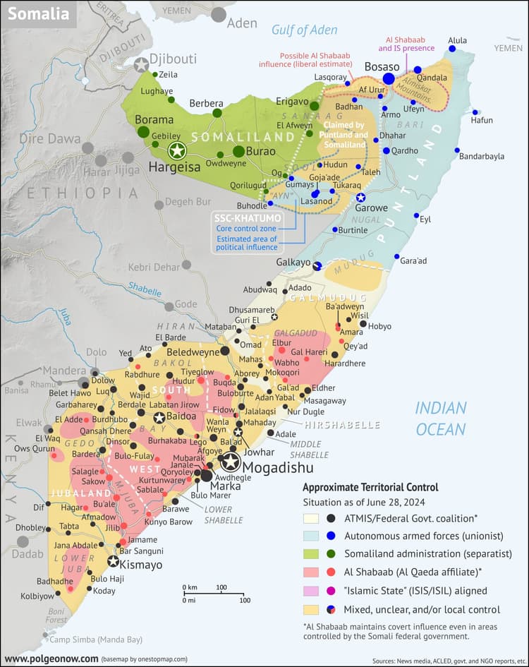 Das Bild zeigt eine Landkarte von Somalia, in welcher verzeichnet ist, welche Teile von welchem Akteur beeinflusst oder kontrolliert werden